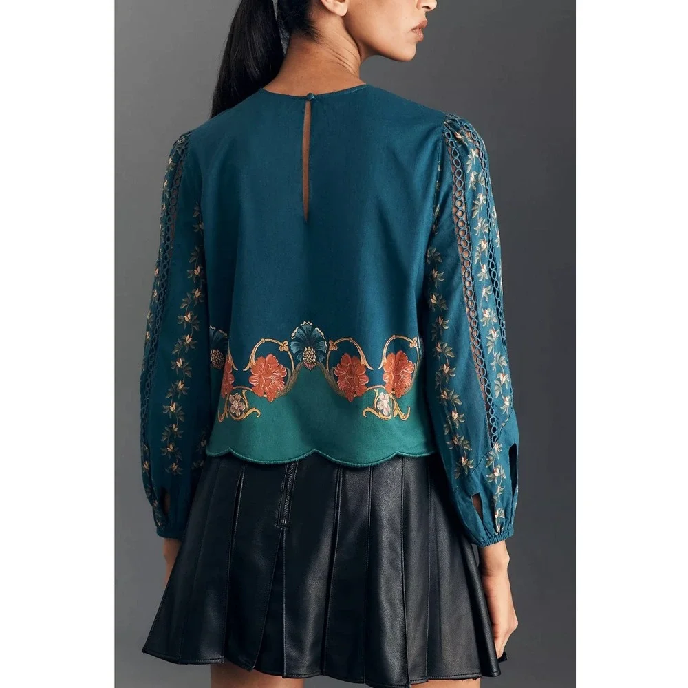 Farm Rio Cutout Blouse M Teal Blue Cutout Boho Peasant Anthropologie Romantic